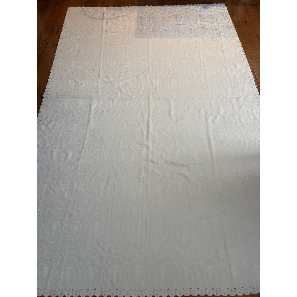 Hanukkah Chanukah Tablecloth White Damask Menorah Star of David Judaica 69 x 107